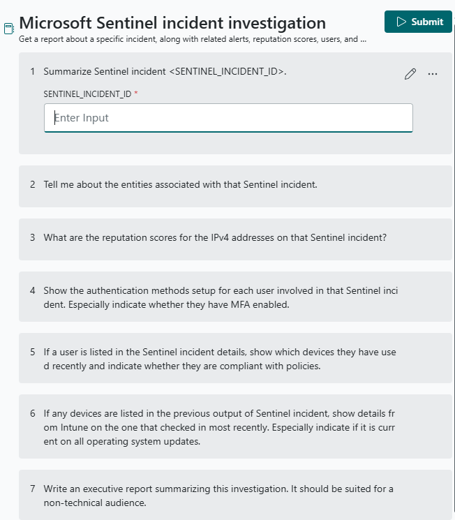 Screenshot of incident investigation promptbook.