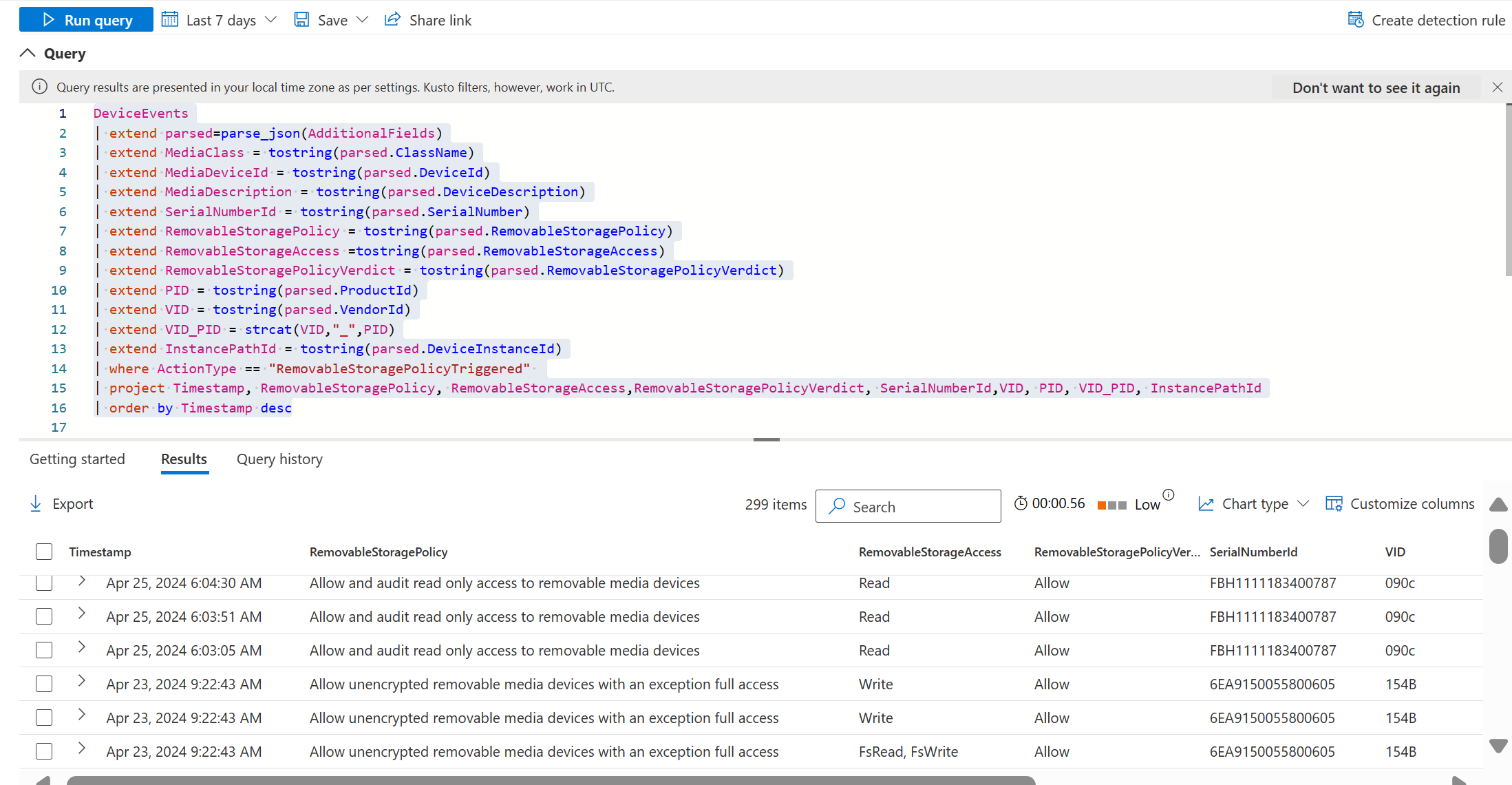 Screenshot showing a device control query