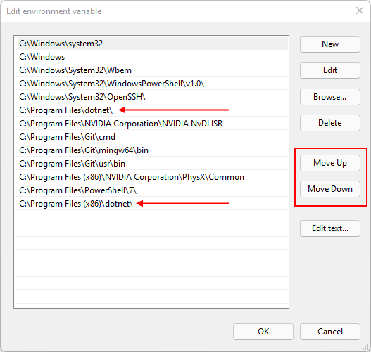 The environment variables list for the system.