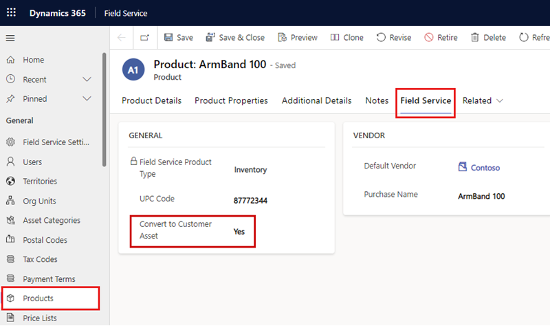 Snímka obrazovky produktu na karte Field Service so zvýrazneným nastavením Previesť na aktíva zákazníka.