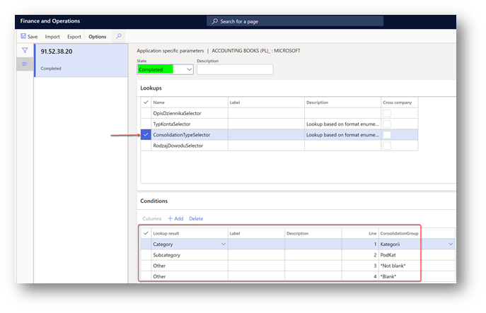 Application-specific parameter for consolidation account.