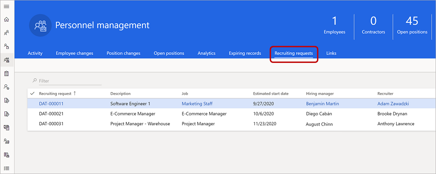 View recruiting requests in Personnel management.