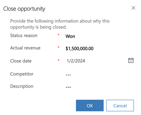 Snímka obrazovky s formulárom Uzavrieť príležitosť, ktorý sa zobrazí, keď vyberiete možnosť Zavrieť ako vyhrané