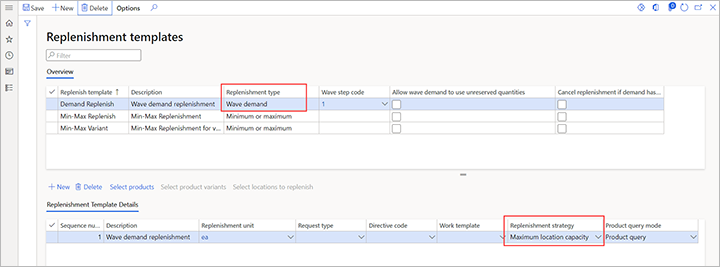 Replenishment templates page.