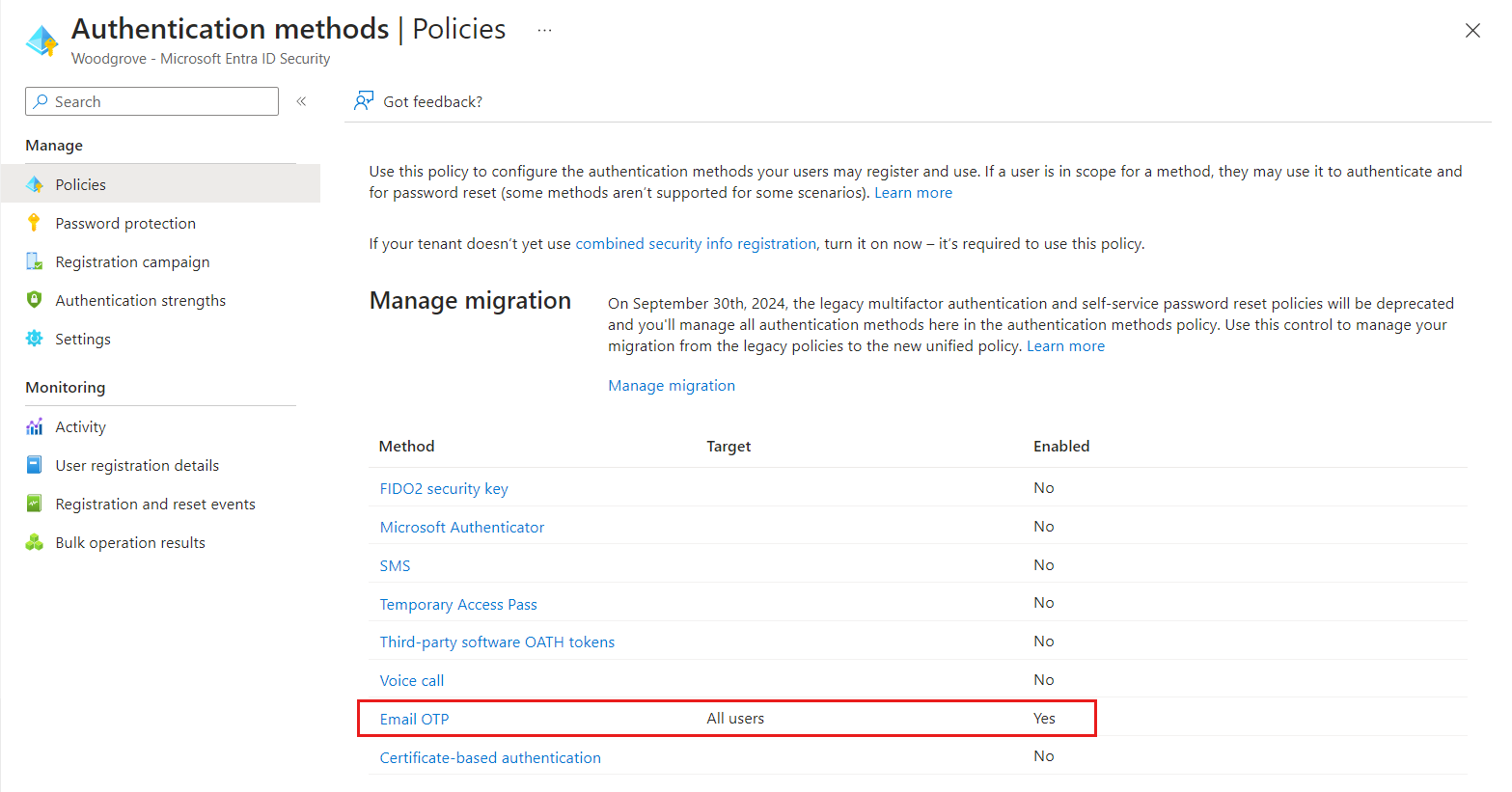 Screenshot that shows authentication methods.