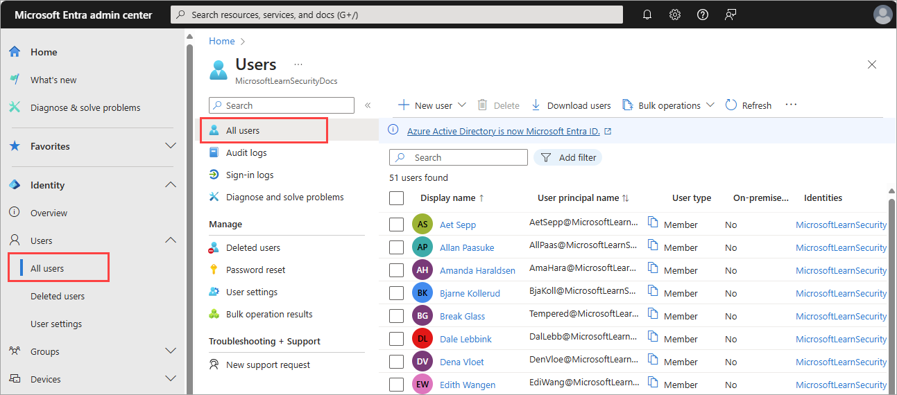 Screenshot of the All users page in Microsoft Entra ID.