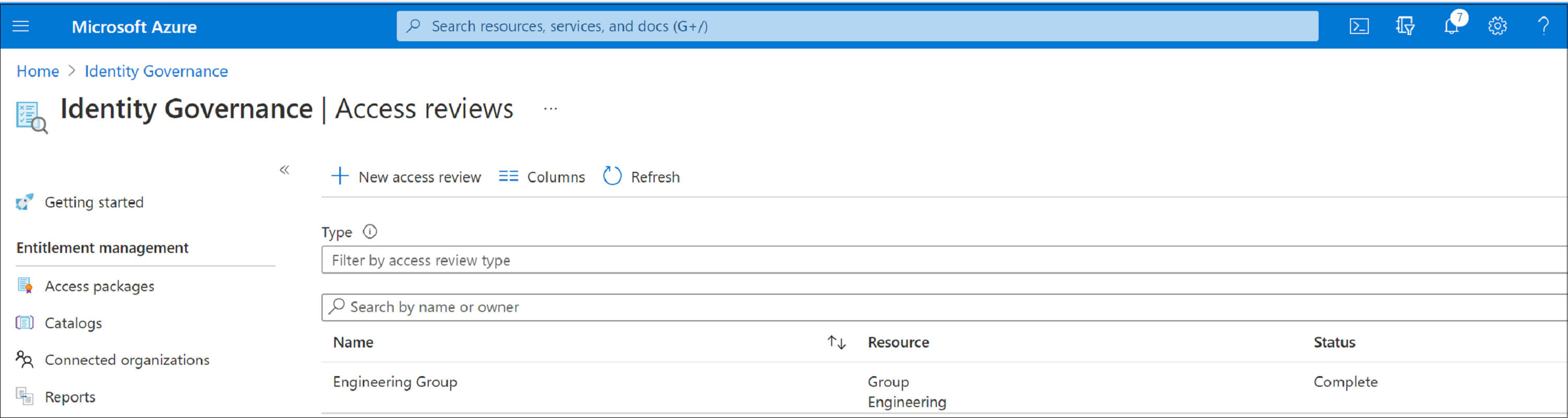 Screenshot that shows the Access reviews pane in Identity Governance.