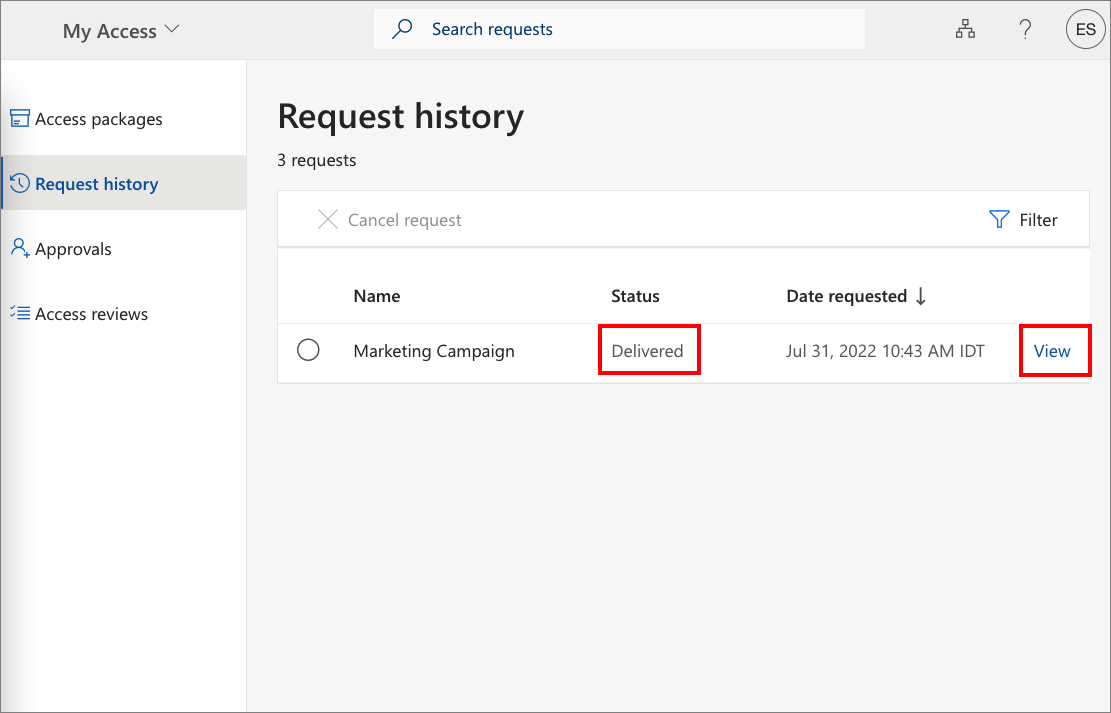 Screenshot of the My Access portal request history.