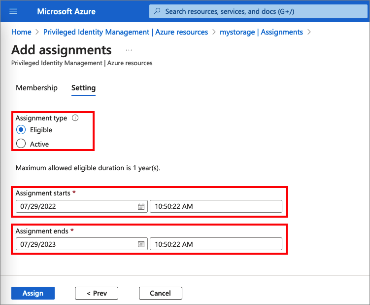 Screenshot of Privileged Identity Management role assignment.