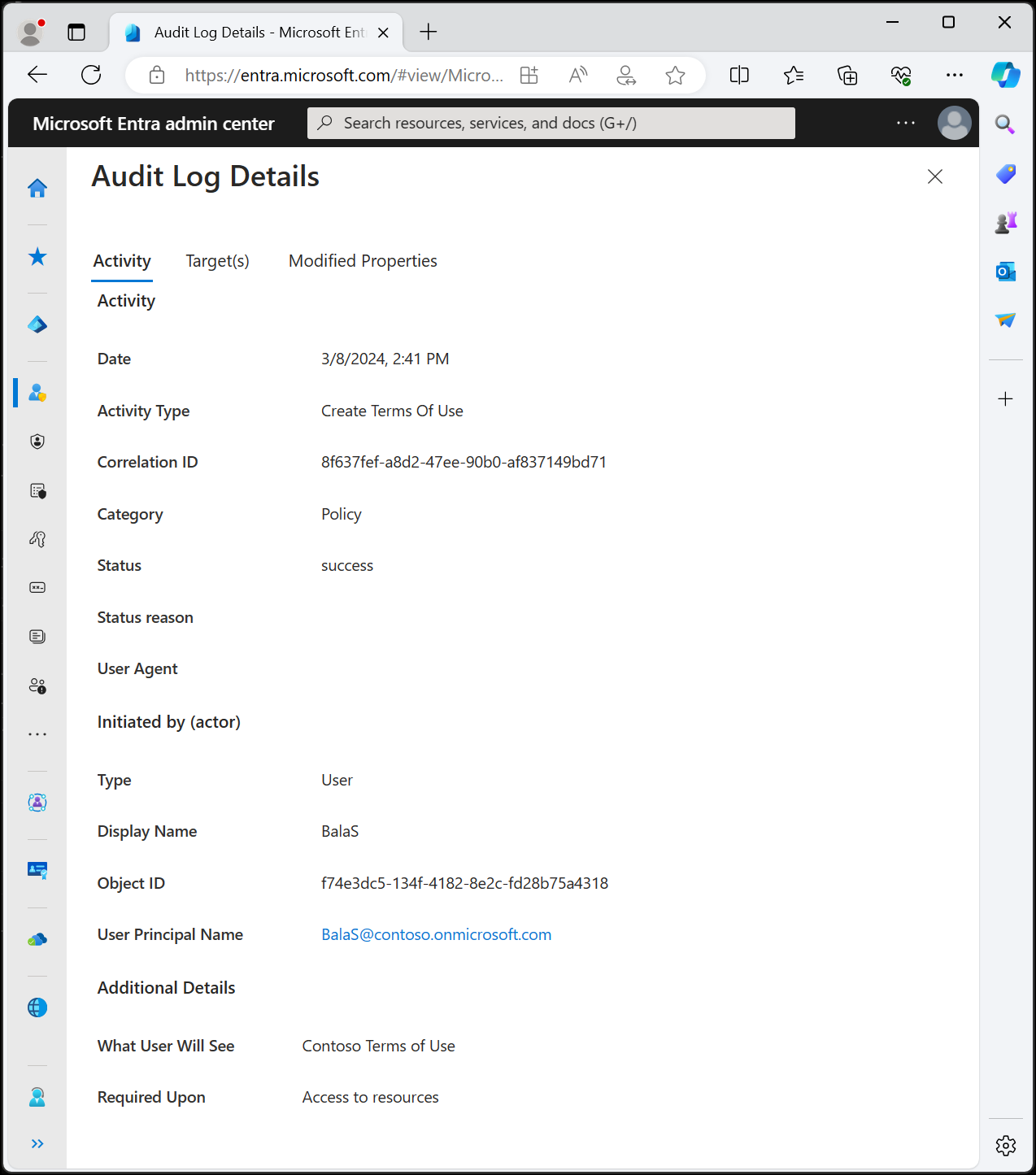 A screenshot showing activity details for a log showing activity, activity status, initiated by, target policy.