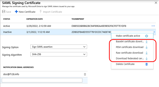 SAML signing certificate download options (active and inactive).