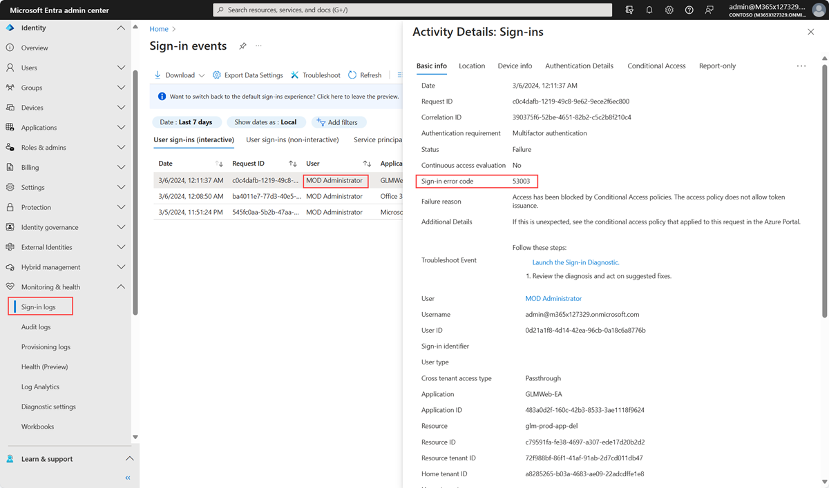 Screenshot of the Microsoft Entra admin center: Sign-ins report.