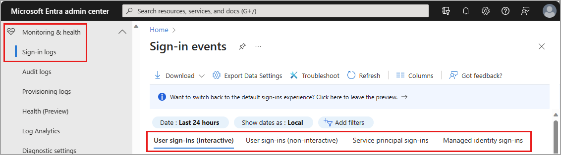 Screenshot of the four sign-in log types.