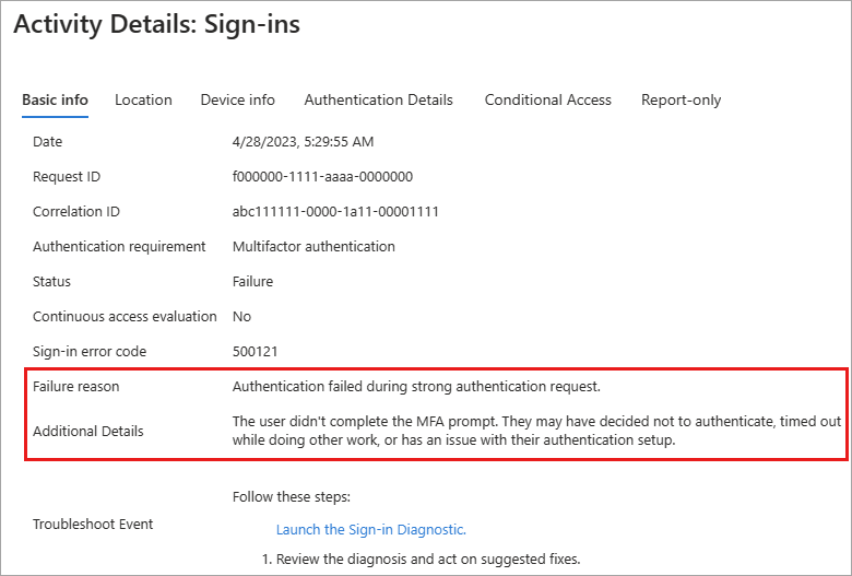 Screenshot of the activity details, with the failure reason and details highlighted.