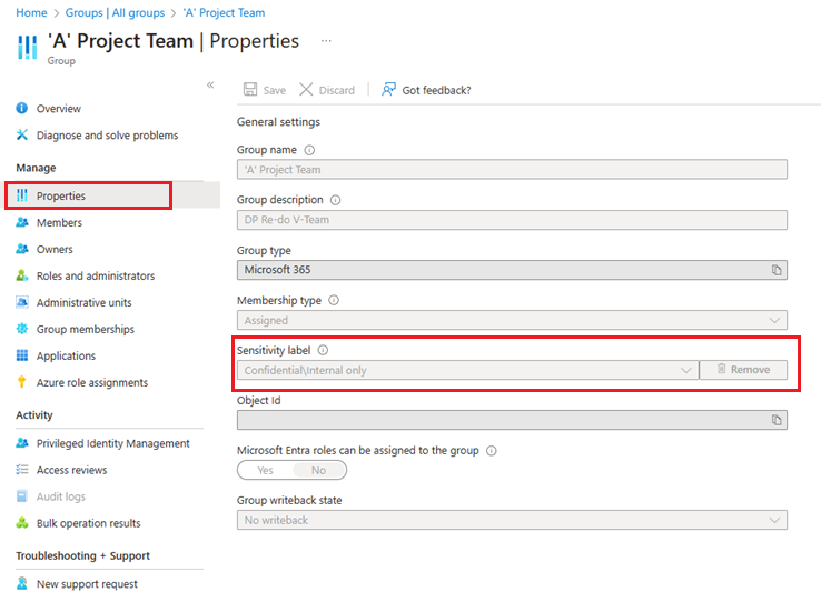 Screenshot that shows assigning a sensitivity label on the overview page for a group.