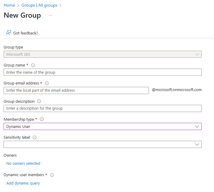 Screenshot of Group page where user enters the dynamic membership group details.