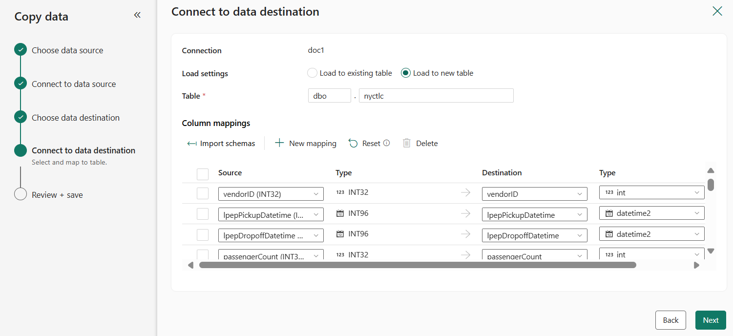 Snímka obrazovky zobrazujúca názov tabuľky, ktorý sa má vytvoriť v cieli skladu.