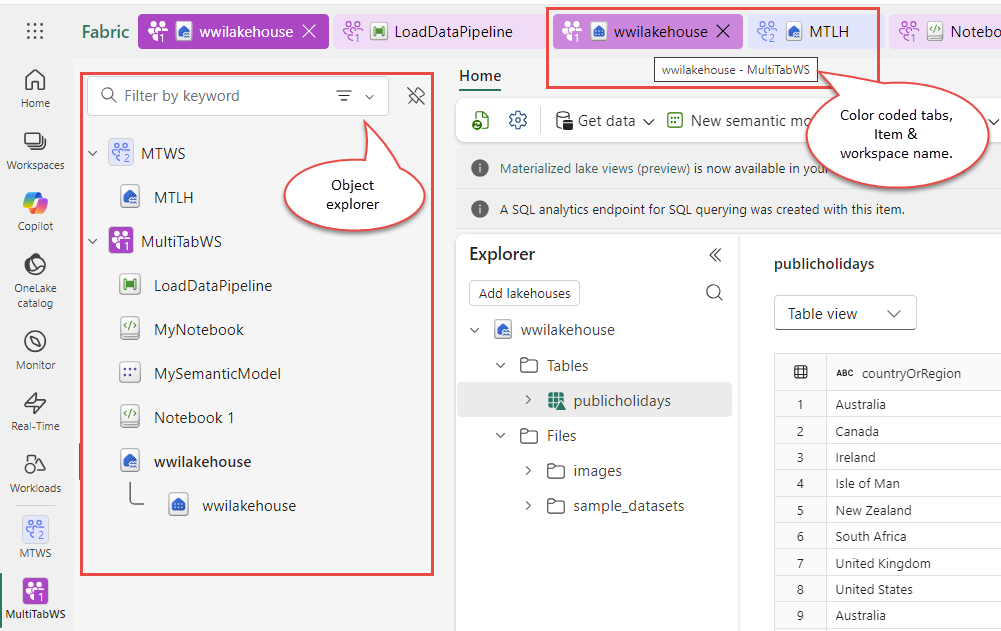 Snímka obrazovky zobrazujúca prieskumníka objektov a viacero kariet na rýchle vyhľadanie a otvorenie zdrojov.