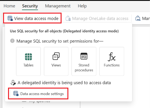 Snímka obrazovky, ktorá ukazuje prechod do nastavení režimu prístupu k dátam pre SQL analytics endpoint.