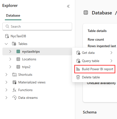 Snímka obrazovky znázorňujúca vytvorenie zostavy služby Power BI z tabuľky. Ponuka tabuľky je otvorená s vybratou možnosťou Vytvoriť zostavu Power BI.