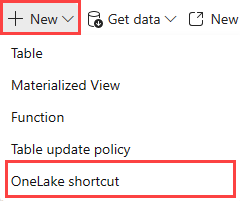 Snímka obrazovky karty Domov zobrazujúca rozbaľovací zoznam tlačidla Nový. Možnosť s názvom OneLake shortcut (Skratka OneLake) je zvýraznená.
