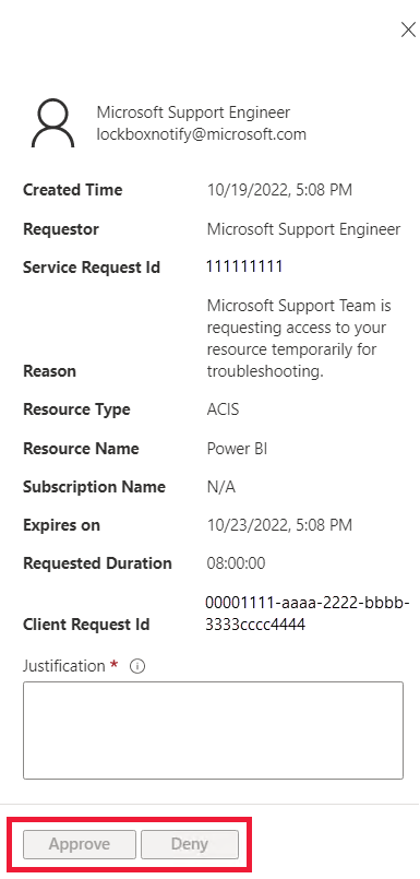 Snímka obrazovky znázorňujúca tlačidlá Schváliť a zamietnuť čakajúce na zamykanie zákazníka pre žiadosť Microsoft Azure.