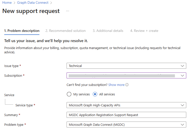 A screenshot that shows the selection of topics in an Azure support request to refer to an issue with Microsoft Graph Data Connect.