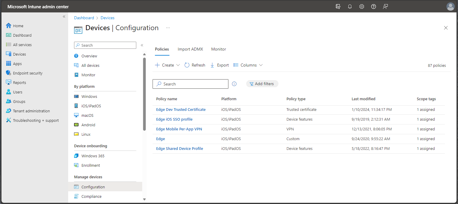 Screenshot of the Microsoft Intune admin center - Configuration profiles.