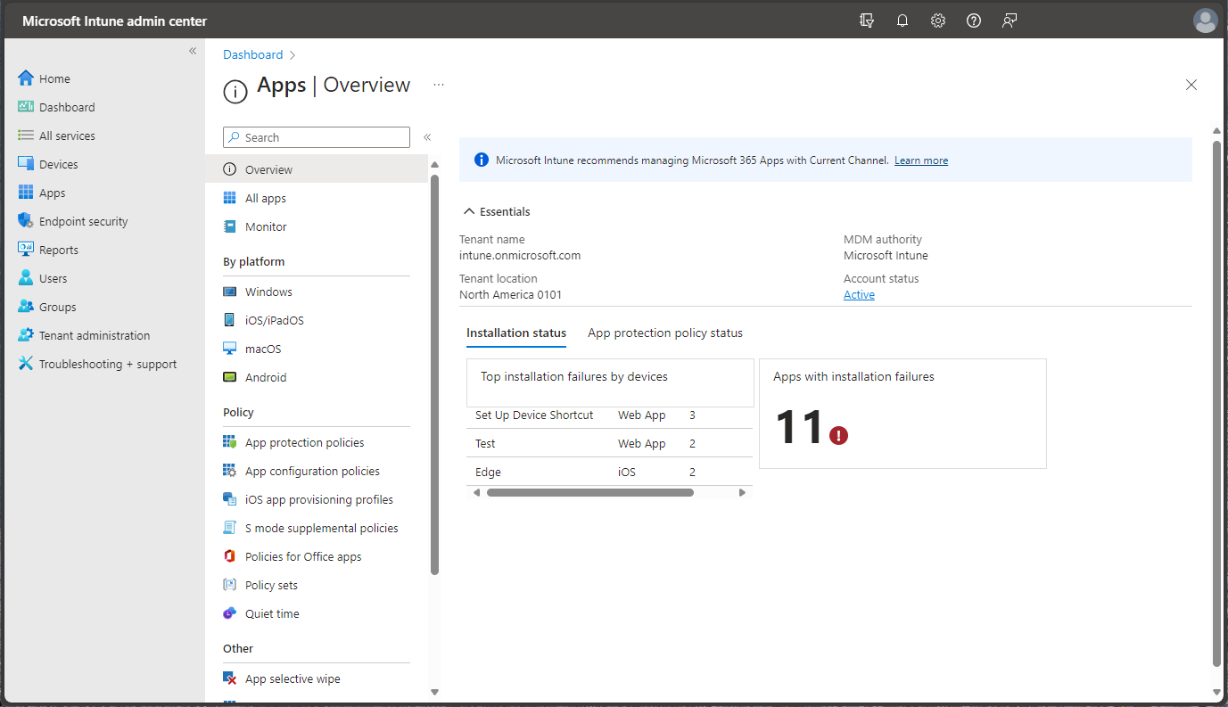Screenshot of the Microsoft Intune admin center - Apps.