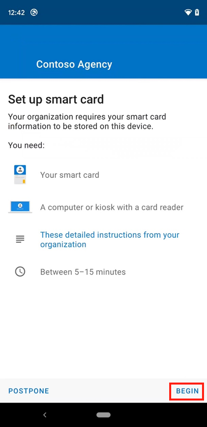 Example screenshot of the Company Portal Set up mobile smart card access screen.