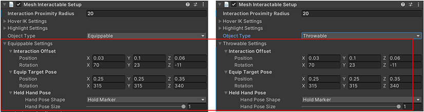 A screen shot of the Mesh Interactable Setup component with the settings common to Equippables and Throwables highlighted.