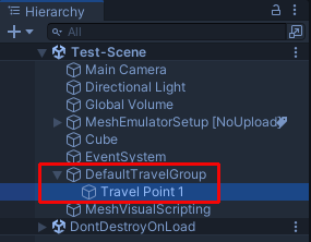A screen shot of a Travel Point that is automatically assigned to an automatically created Travel Point Group in Play Mode.