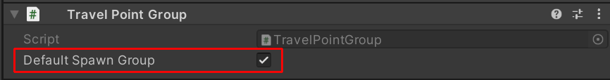 A screen shot of a Travel Point component with its Default Spawn Group property selected.