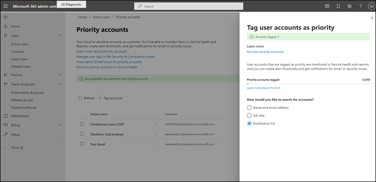 Screenshot: Search for priority accounts to add using a distribution list