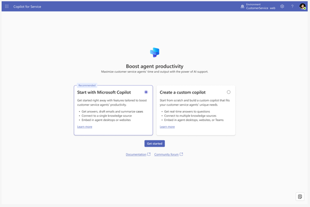 Screenshot that shows the Copilot for Service get started options.
