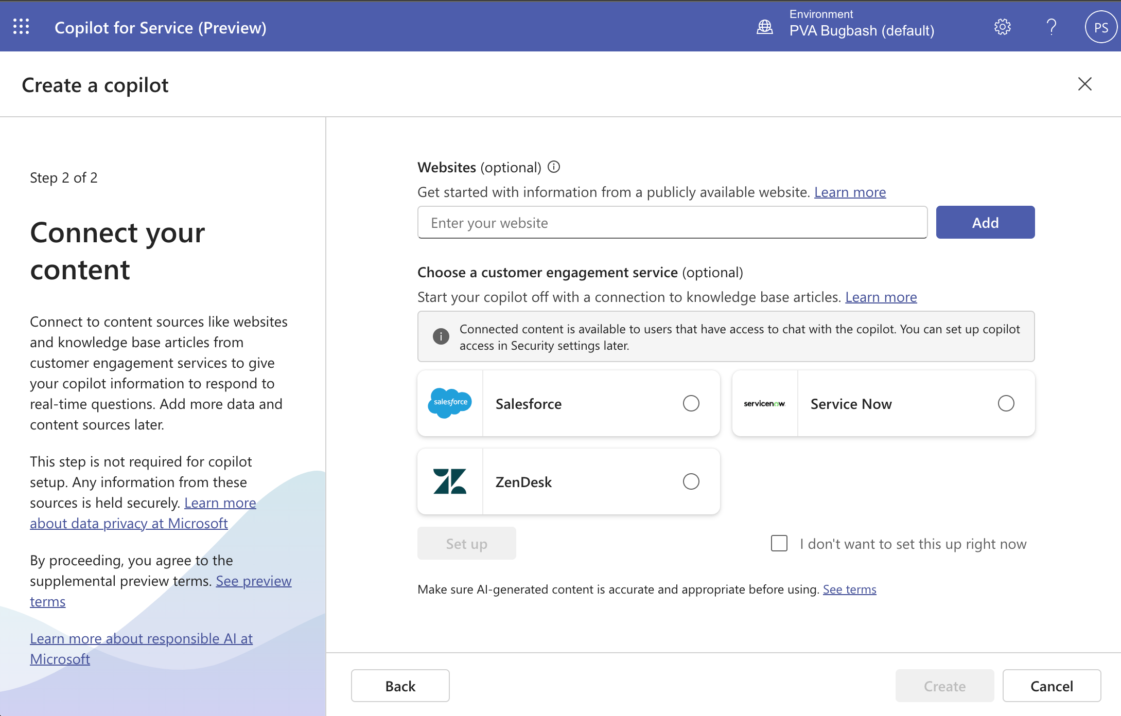 Screenshot showing how to connect your content of the Copilot for Service creation wizard.