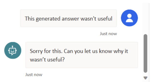 Screenshot of a thumbs down customer selection with a bot response asking the customer why the response wasn't useful.