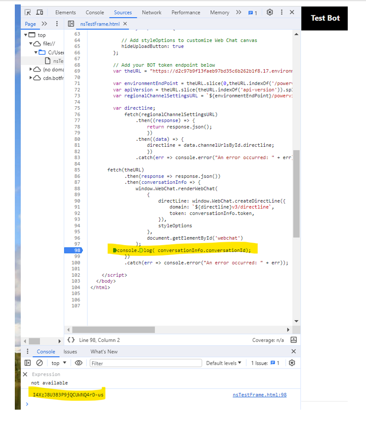 Screenshot of a web browser's developer tools window highlighting the console.log output.