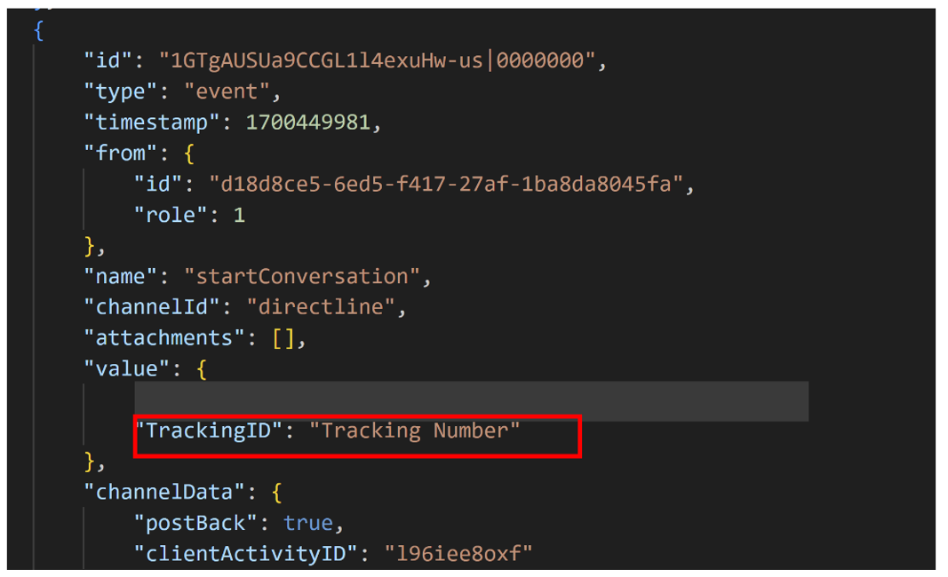 Screenshot of JSON code block highlighting the TrackingID field and Tracking Number output.