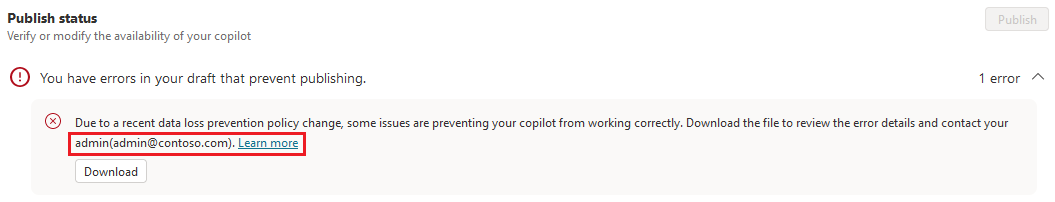 Screenshot of the Copilot Studio web app showing a DLP related error with error text highlighted.