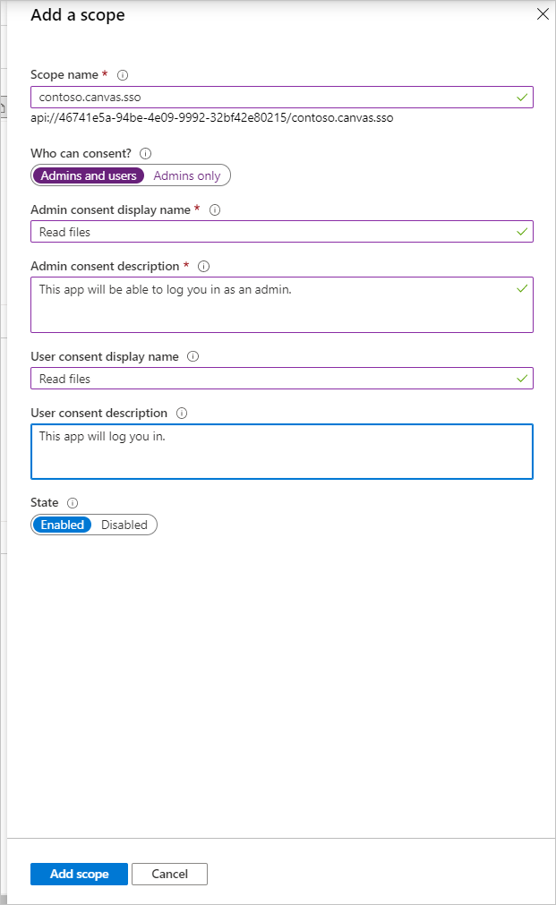 Screenshot showing the Add scope blade.