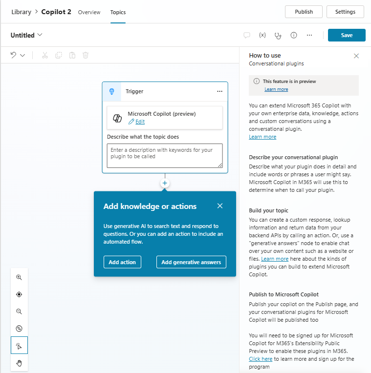 Screenshot showing configure conversational action in topic editor