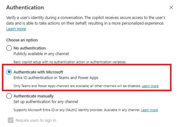 Screenshot of the authentication configuration panel with the 'Authenticate with Microsoft' option highlighted.