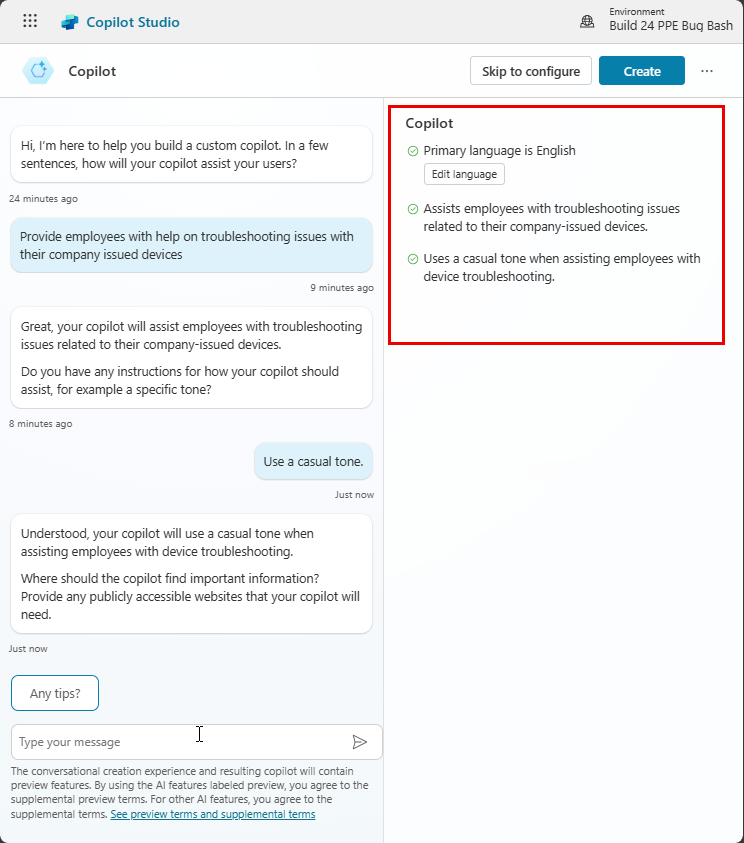 Screenshot of the copilot creation page with emphasis on summary of LLM interpretations.