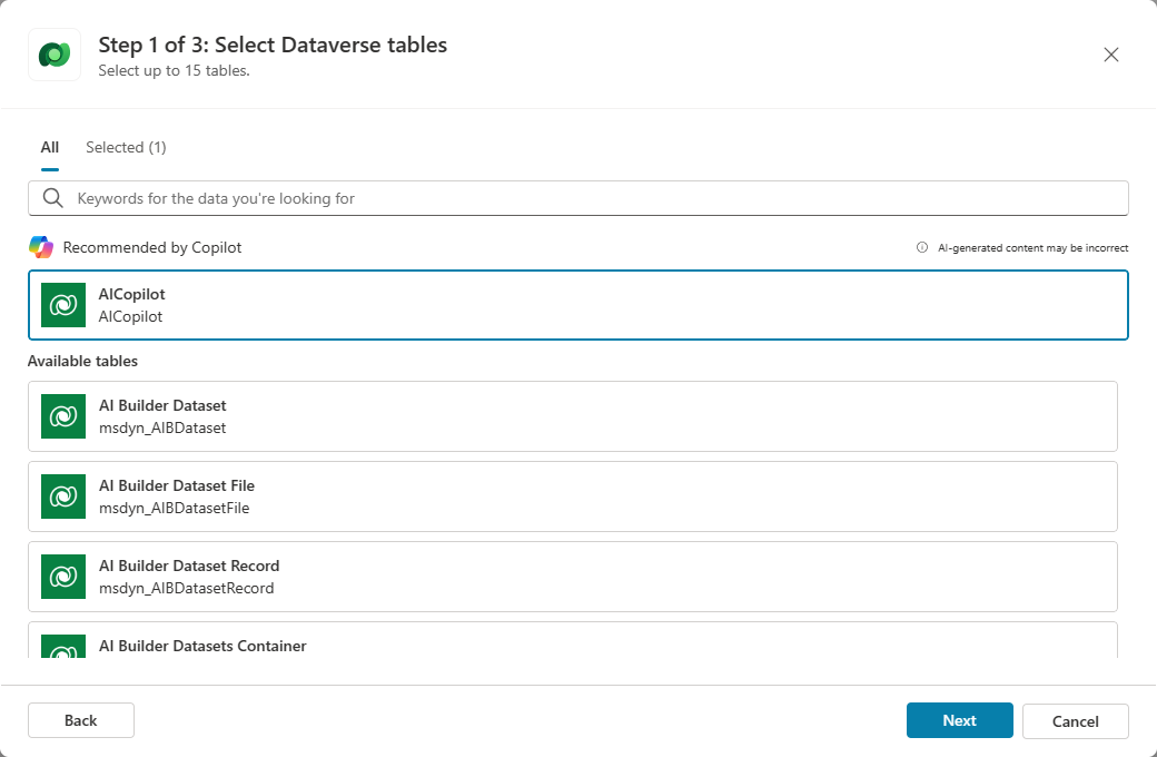 Screenshot of the Add Dataverse dialog, displaying Step 1 of 3: Select Dataverse tables window.