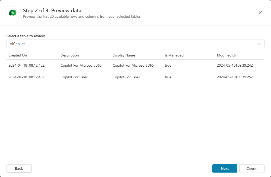 Screenshot of the Add Dataverse dialog, displaying Step 2 of 3: Preview data window.