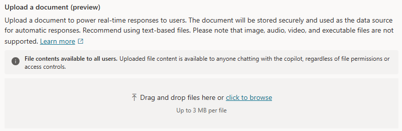 Screenshot of the Copilot Studio interface to upload a document