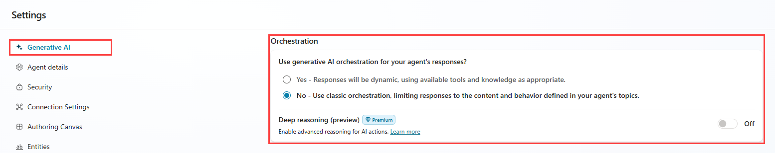 Screenshot of an agent's Settings, highlighting the Generative AI settings and the 'No - Use classic orchestration, limiting responses to the content and behavior defined in your agent's topics.' option.