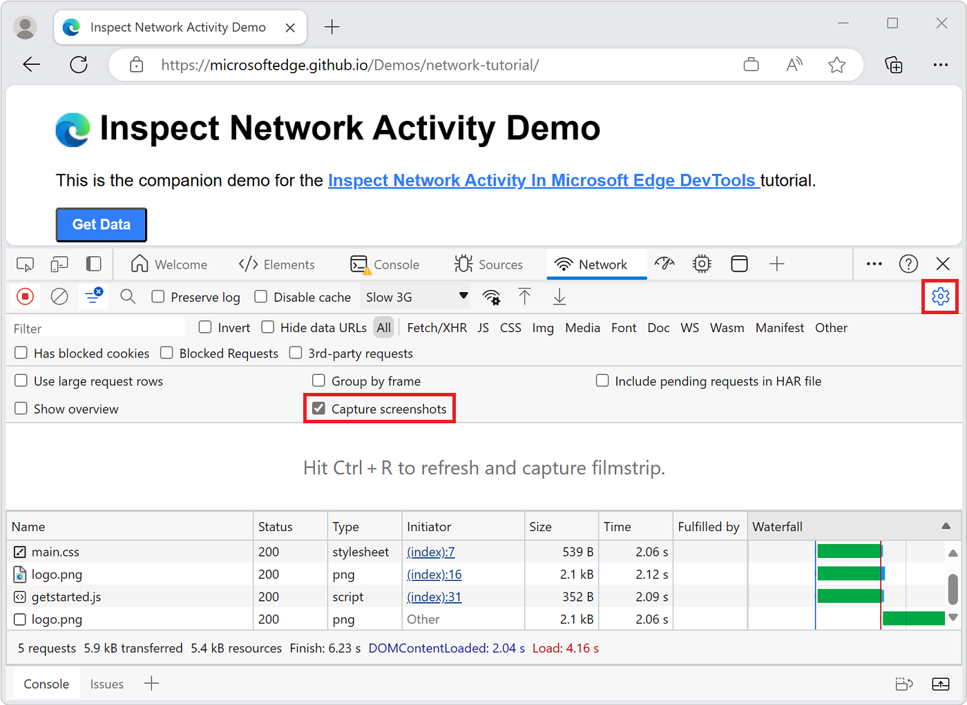 The Capture Screenshot checkbox in the Network settings