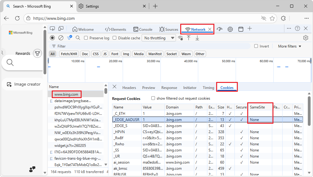 Blocked cookies in the Network tool